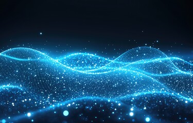 Fototapeta premium Abstract digital wave with glowing particles. A dynamic display of interconnected points forming a flowing, undulating wave against a dark background. 