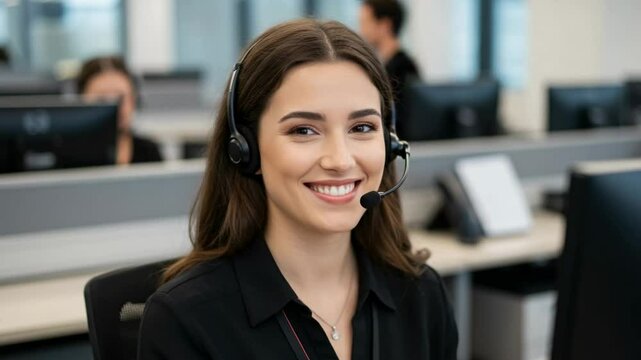 Friendly female customer service representative wearing a headset smiles warmly at the camera in a busy call center office, embodying helpful support and client communication