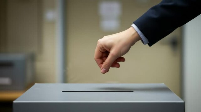 Close-up of a hand carefully casting a blank ballot paper into a sealed ballot box during an election, symbolizing democratic process, voting rights and civic participation