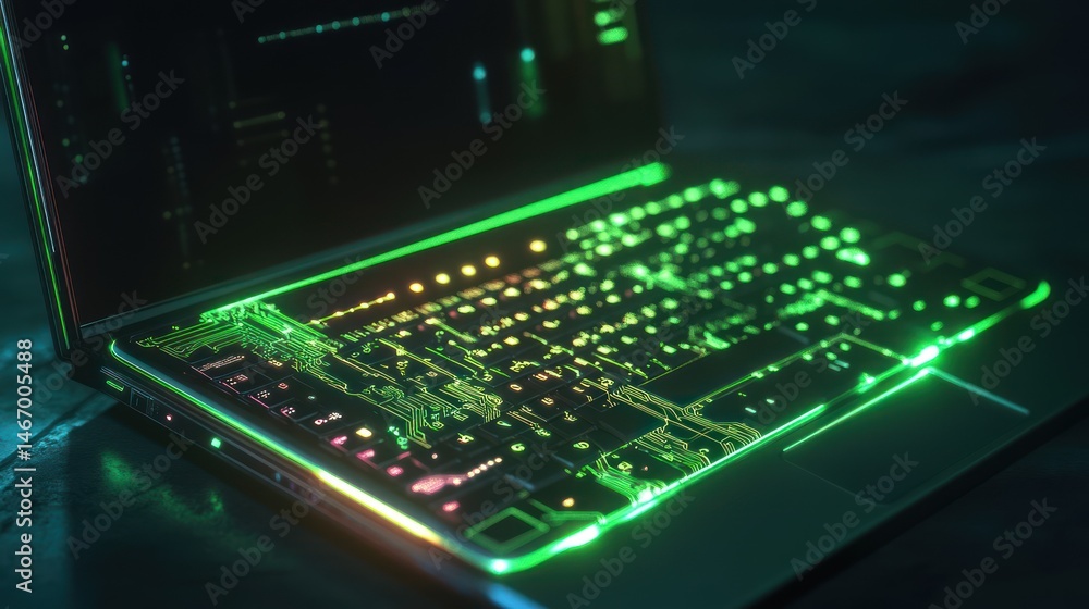 Poster futuristic glowing laptop keyboard with digital code on screen.