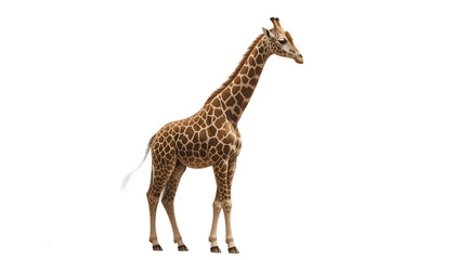 Obraz premium Elegant giraffe standing gracefully against a pristine white background, showcasing its iconic pattern and majestic stature.