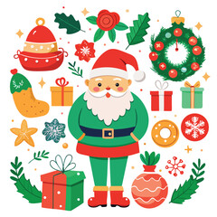 a vibrant collection of Christmas-themed illustrations, from jolly Santa's to twinkling ornaments