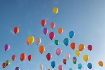 Brightly colored balloons float against a vast, clear blue sky , summer, celebration balloons, sky