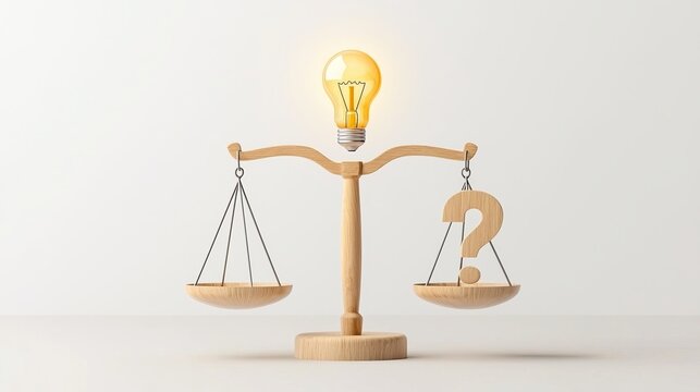 Question marketing risk. A lightbulb atop a wooden balance scale with a question mark symbolizes decision-making, ideas, and weighing options.
