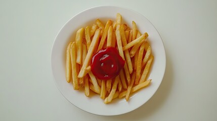 Crispy french fries topped with ketchup on a white plate.