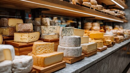 Fototapeta premium An inviting cheese shop with shelves filled with an assortment of cheeses, showcasing a variety of textures, colors, and flavors ready to be chosen