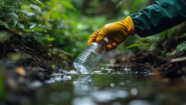 A gloved hand discards a plastic water bottle into a stream in a lush forest. The act depicts environmental contamination