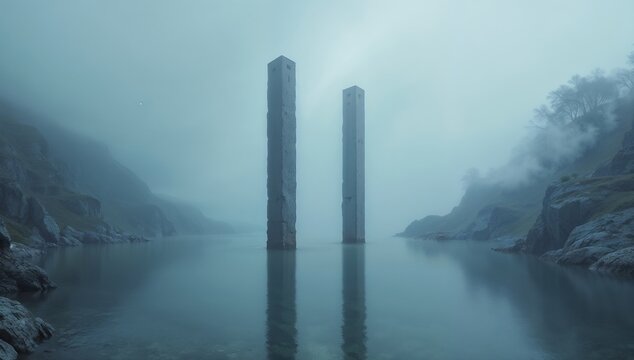 Mysterious Twin Towers Amidst Foggy Lake and Surrounding Hills - Powered by Adobe