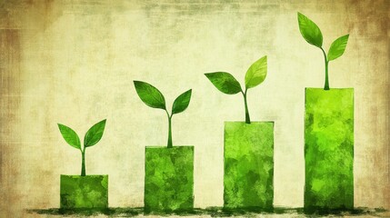 Sustainable business growth concept with green plants representing progress and success on textured background for financial gains