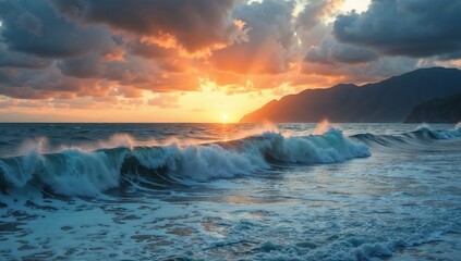 Fototapeta premium Vibrant Ocean Waves at Sunset Under a Dramatic Cloudy Sky