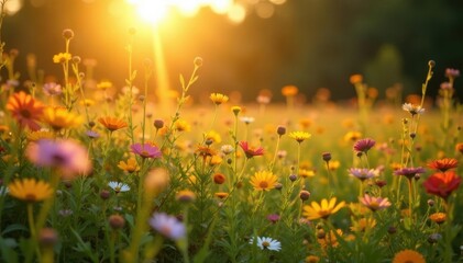 Golden hour sunlight filters through vibrant wildflowers , colorful, early light