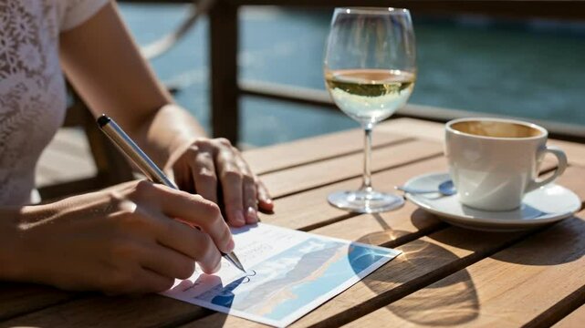 Woman's hands writing a postcard at an outdoor cafe table with wine and coffee, capturing a moment of leisure, travel correspondence, or personal reflection during a sunny vacation, for tourism