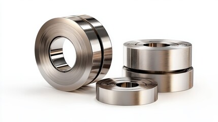 Shiny metal coils of steel are neatly arranged against a pristine white background, displaying industrial material ready for manufactu and construction.