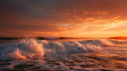 Fototapeta premium A breathtaking orange sunset over the ocean, with waves gently rolling in and the sky glowing in shades of gold and tangerine