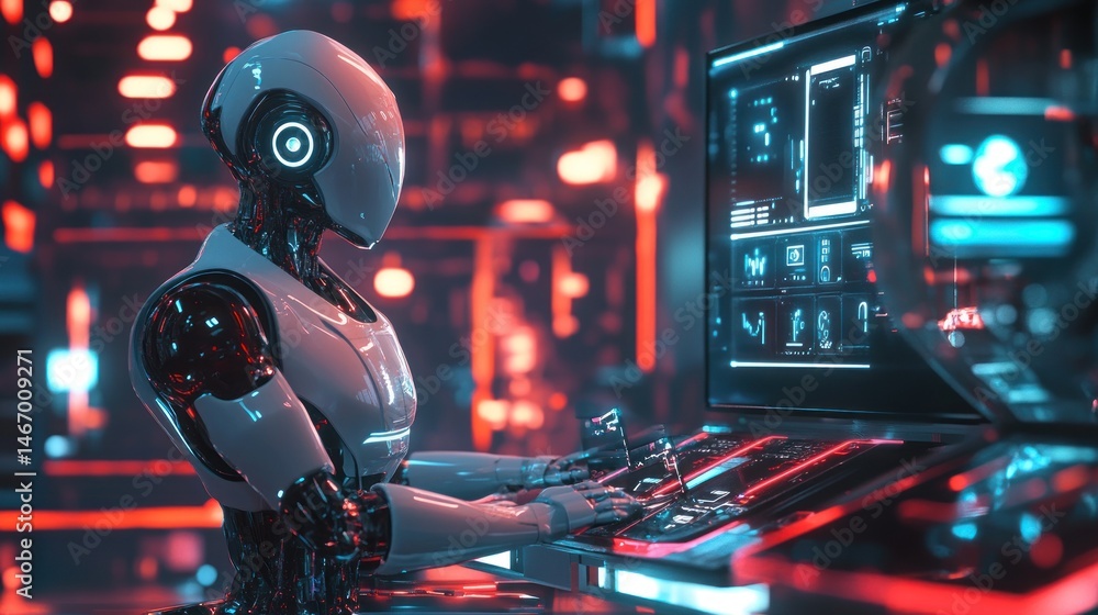 Poster futuristic robot working at a computer console in a high-tech environment.