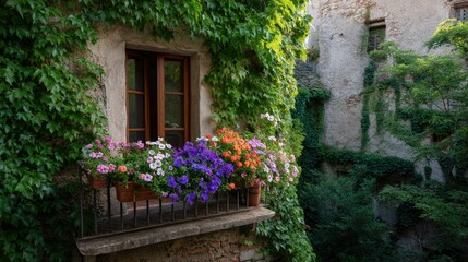 Naklejka premium A charming balcony overflowing with vibrant flowers beneath a rustic window framed by ivy-covered walls, perfect summer vibe