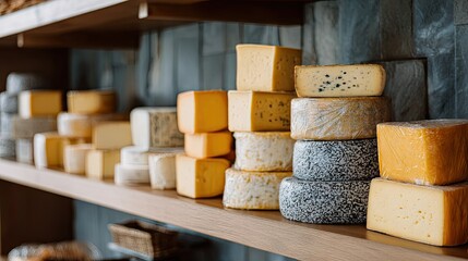 A cheese display with different varieties of cheese stacked neatly on wooden shelves, each cheese uniquely shaped and packaged
