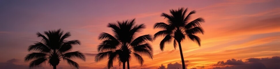 Obraz premium Silhouetted palms at sunset, vibrant blue sky, tropical plants, sky background