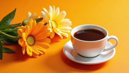 Small coffee cup beside sunny blooms on a simple orange tabletop , orange, sun