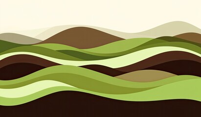 Abstract landscape of rolling hills in shades of green and brown.  Layered, wavy forms create a sense of depth and natural terrain