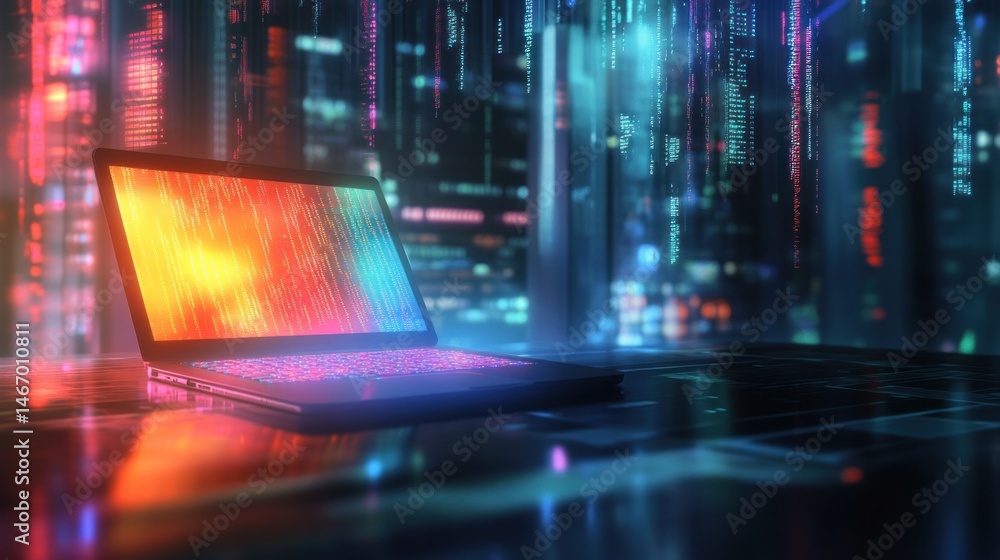 Poster laptop displaying colorful data streams against a futuristic city backdrop.