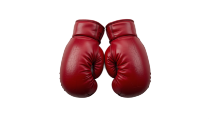 Pair of vintage red leather boxing gloves isolated on white background, representing combat and strength.