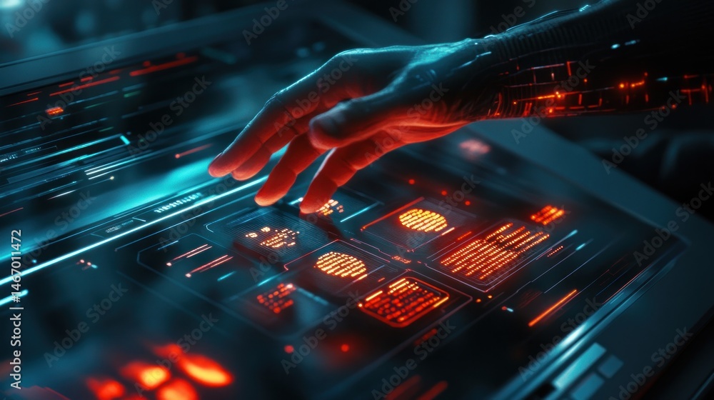Poster robotic hand interacts with futuristic digital interface displaying data and biometrics.
