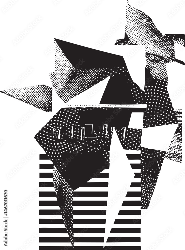 Poster geometric shapes overlap and intersect in a dynamic monochrome composition.