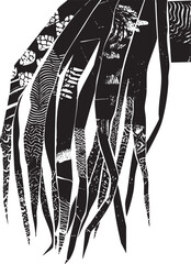 A vertical composition features stylized fragmented grasses and a butterfly against a stark black background.