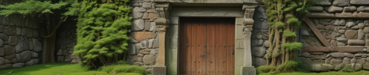 Ancient moss-covered stone building, wooden door, serene forest , landscape, timeless, building