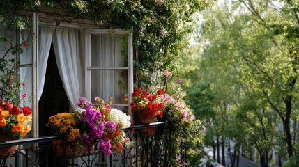 Naklejka premium A cozy balcony with a vintage iron railing and lush blooms in full color surrounding an open window with white curtains