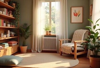 Fototapeta premium therapeutic tools calm therapy room shelf relaxation healing mindfulness art supplies cozy atmosphere, lamp, incense, plant, furniture, decor, music, wellness