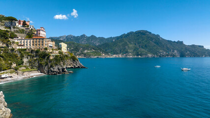 Aerial view of the Amalfi Coast, in the province of Salerno, Campania, Italy. This coastal panorama is one of the most beautiful and touristic on the Italian peninsula. 