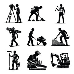 Different construction worker bundle set collection vector illustration isolated on a white background