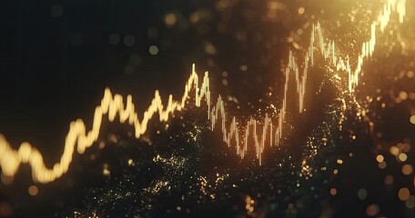 Golden chart surging upwards in a dark background.  Detailed financial data visualization shows a steady upward trend, illuminated by warm light particles