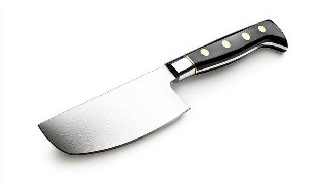 A cleaver knife with a shiny blade and black handle featu decorative brass rivets rests diagonally against a clean white background in the studio.