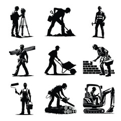 Different construction worker bundle set collection vector illustration isolated on a white background