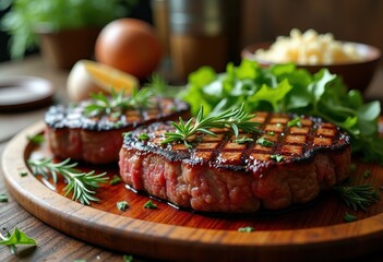 juicy grilled steak fresh herb garnish wooden platter appetizing presentation culinary delight, meat, beef, cuisine, chef, dining, dish, seasoning, barbecue