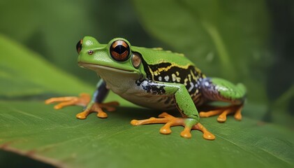 Obraz premium Bright eyed frog perched on a vibrant green leaf, summer photography, spring, vibrant green