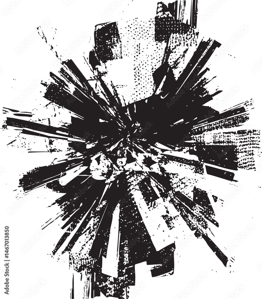 Poster a dynamic burst of black and white paint explodes outward from a central point.