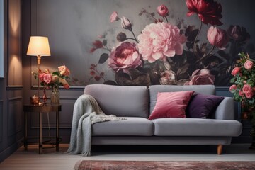 Serene living room gray sofa with floral wallpaper soft lighting creating a cozy and elegant