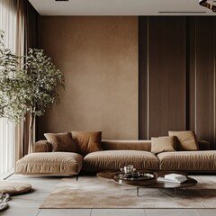Modern living room with neutral tones, L-shaped sofa, and large window