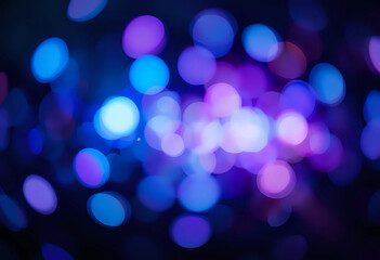 Blur neon light. Lens flare overlay. Bokeh fluorescent flash gleam. Defocused blue purple color flecks on dark black abstract background. 3d rendering.