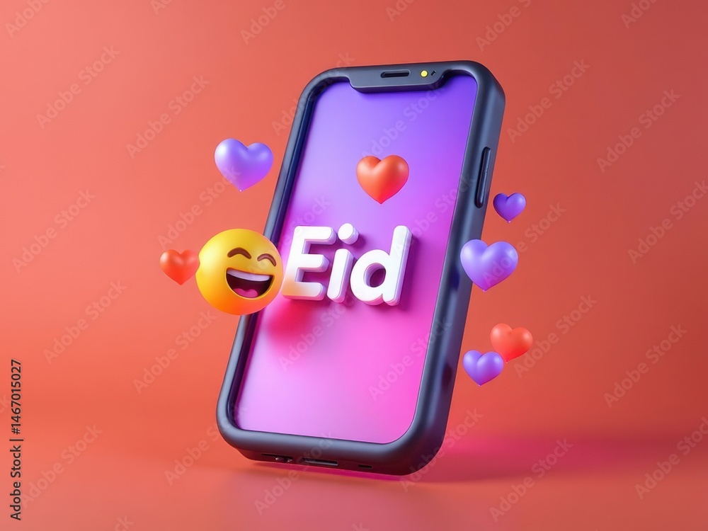 Poster a modern 3d icon of a smartphone displaying eid greetings with floating emoji hearts above it in.