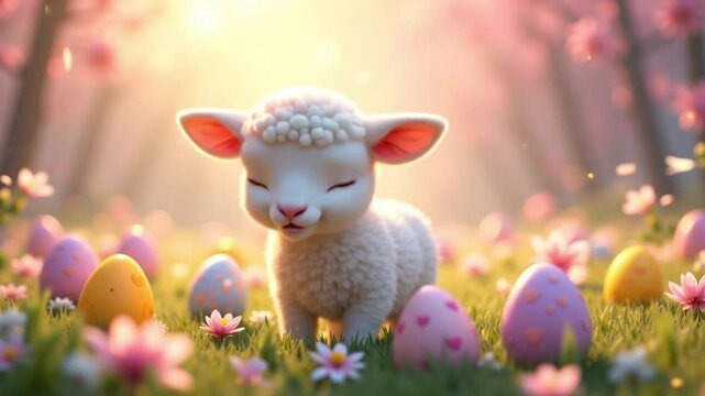 Cute lamb enjoying springtime among colorful Easter eggs  