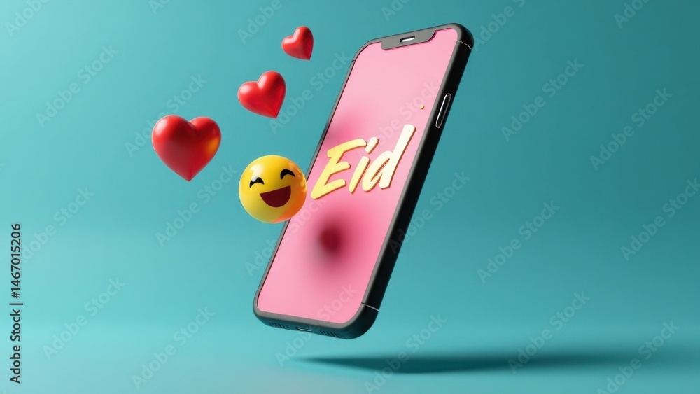 Poster a modern 3d icon of a smartphone displaying eid greetings with floating emoji hearts above it in.