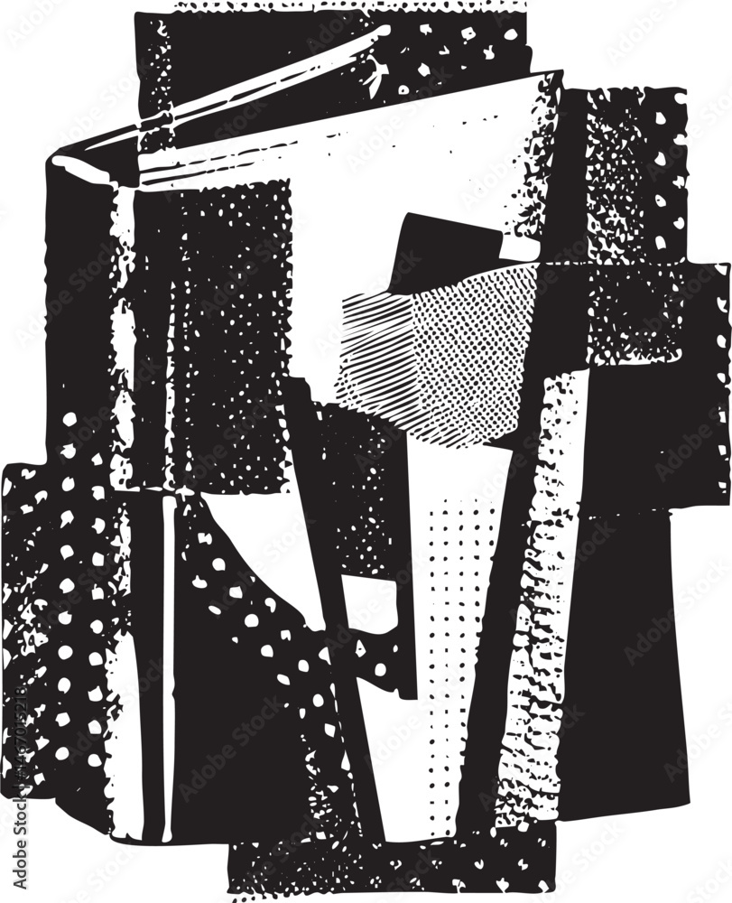 Poster geometric shapes overlap and intersect in a stark black and white composition.