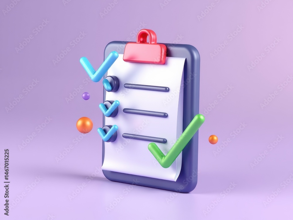 Poster a 3d icon of a task checklist with floating checkmarks, minimalist design, productivity theme.