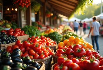 vibrant market vegetable display colorful fresh produce organic local bounty natural harvest, fruit, peppers, tomato, carrot, cucumber, eggplant, zucchini