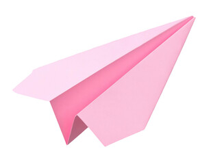 A sharply folded pastel pink paper airplane with crisp edges floating in midair symboliz 